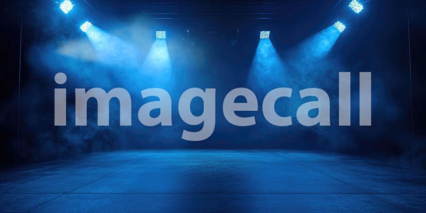 Empty Stage with Blue Lights and Smoke, Ready for a Performance