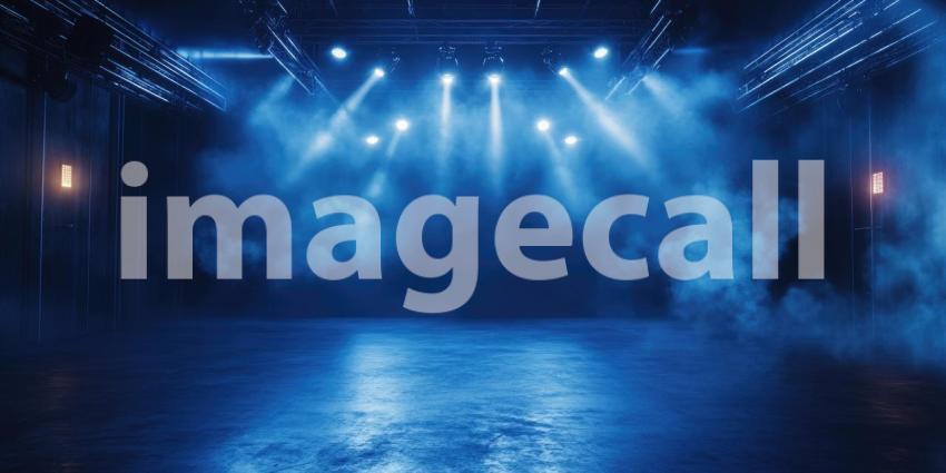 Empty Stage with Blue Lights and Smoke, Ready for a Performance