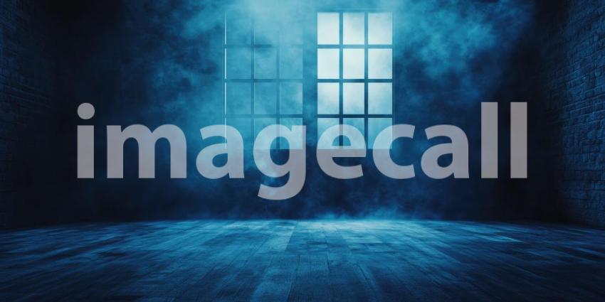 Sunlight Streaming Through a Gridded Window into a Dark, Empty Room with Dust Motes