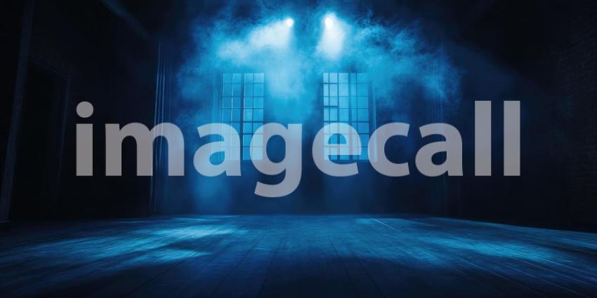 Sunlight Streaming Through a Gridded Window into a Dark, Empty Room with Dust Motes