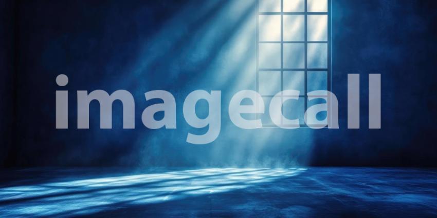 Sunlight Streaming Through a Gridded Window into a Dark, Empty Room with Dust Motes