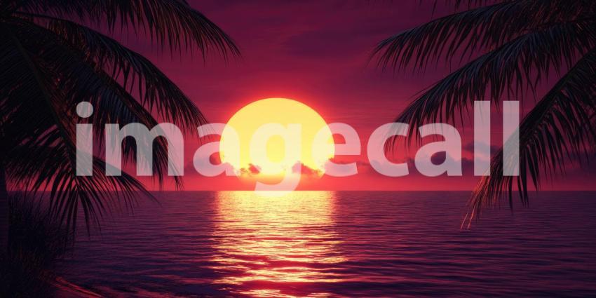 Tropical Beach Sunset with Palm Trees, Orange Sky, and Gentle Waves on the Shore
