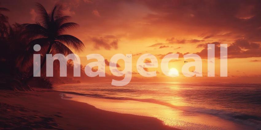 Tropical Beach Sunset with Palm Trees, Orange Sky, and Gentle Waves on the Shore