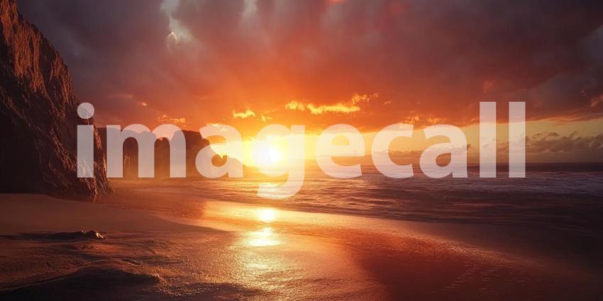 Tropical Beach Sunset with Palm Trees, Orange Sky, and Gentle Waves on the Shore