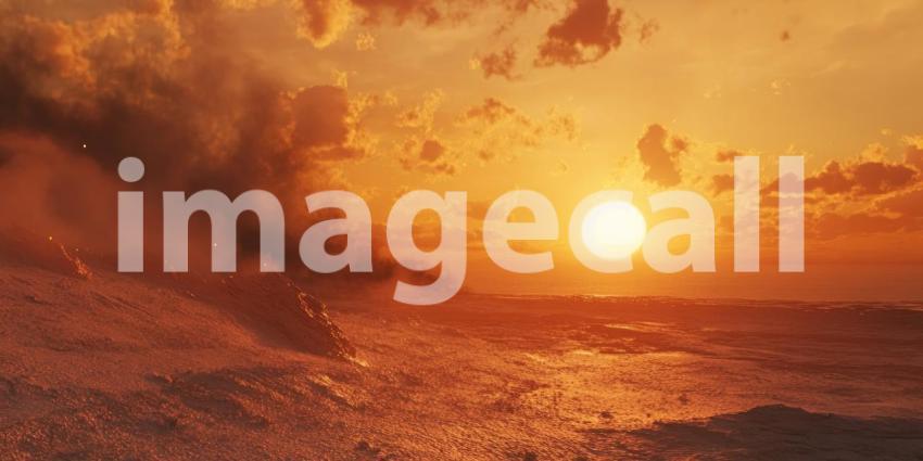 Tropical Beach Sunset with Palm Trees, Orange Sky, and Gentle Waves on the Shore