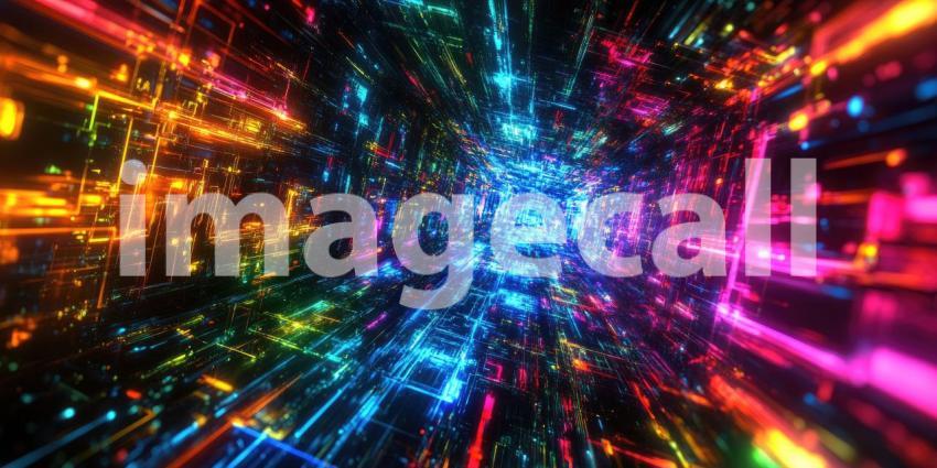 Futuristic Tunnel with Neon Lights and Geometric Patterns, Digital Data Stream Concept