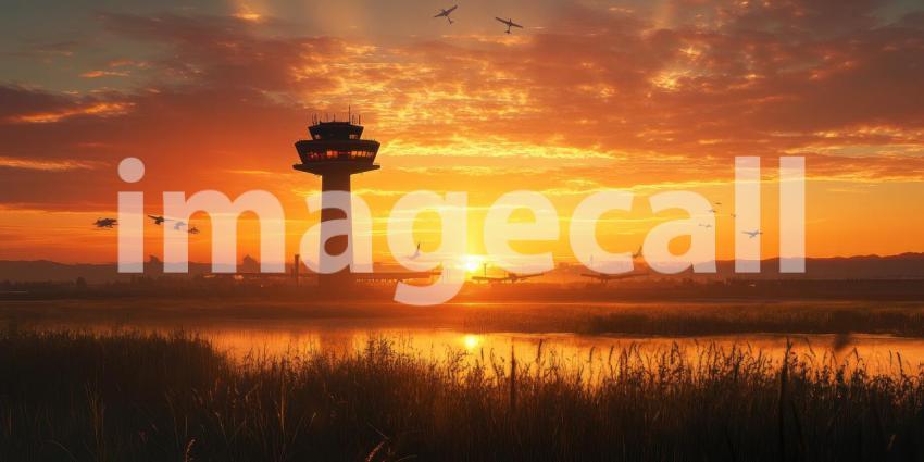 Tall Tower Silhouette Against a Vibrant Sunset over Water, Calm Horizon Landscape