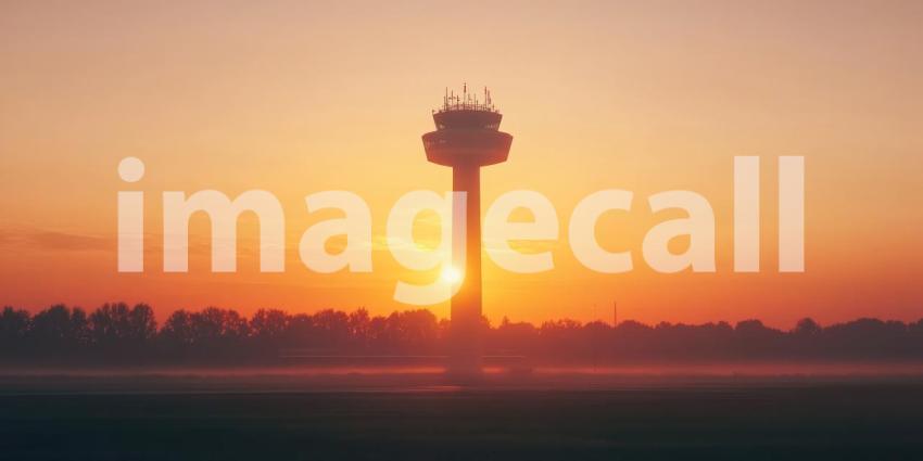 Tall Tower Silhouette Against a Vibrant Sunset over Water, Calm Horizon Landscape