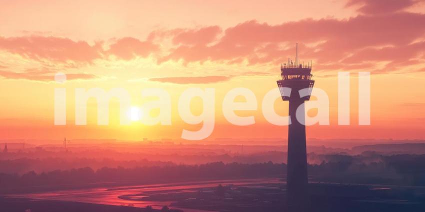 Tall Tower Silhouette Against a Vibrant Sunset over Water, Calm Horizon Landscape