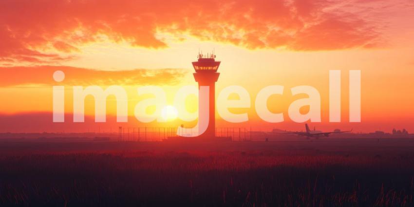 Tall Tower Silhouette Against a Vibrant Sunset over Water, Calm Horizon Landscape