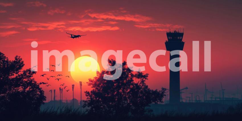 Tall Tower Silhouette Against a Vibrant Sunset over Water, Calm Horizon Landscape