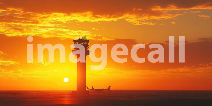 Tall Tower Silhouette Against a Vibrant Sunset over Water, Calm Horizon Landscape
