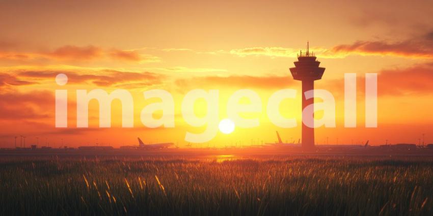 Tall Tower Silhouette Against a Vibrant Sunset over Water, Calm Horizon Landscape