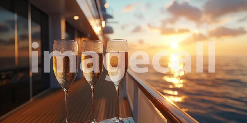 Three Champagne Flutes on a Yacht Deck at Sunset with Ocean View