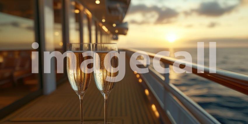 Three Champagne Flutes on a Yacht Deck at Sunset with Ocean View
