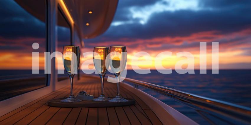 Three Champagne Flutes on a Yacht Deck at Sunset with Ocean View