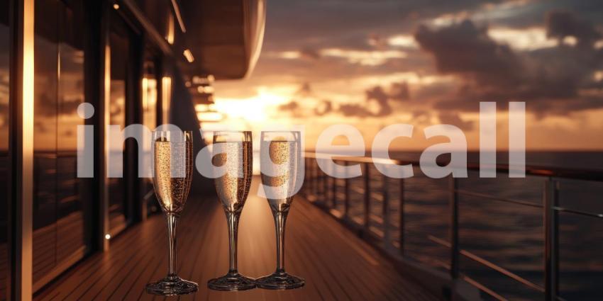 Three Champagne Flutes on a Yacht Deck at Sunset with Ocean View