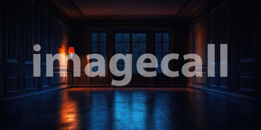 Empty Dark Blue Room with Minimalist Design and Two Ceiling Lights