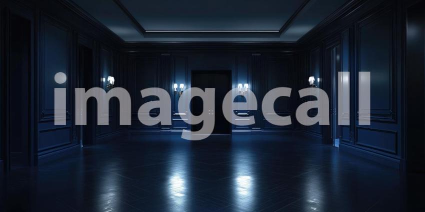 Empty Dark Blue Room with Minimalist Design and Two Ceiling Lights
