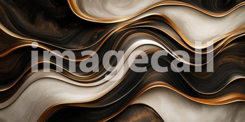 Abstract Wavy Lines in Black, Gold, and Gray, Elegant Marble-like Texture
