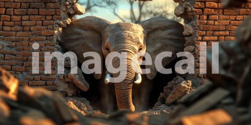 Elephant Emerging from a Broken Brick Wall, Symbolic Strength and Breakthrough Concept