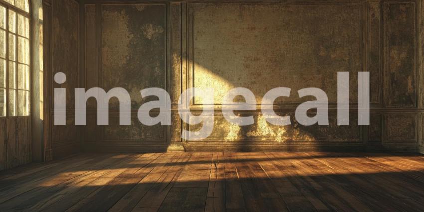 Empty Industrial Room with Sunlight Streaming Through Windows, Rustic Wooden Floor and Distressed Walls