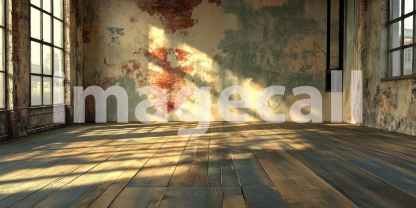 Empty Industrial Room with Sunlight Streaming Through Windows, Rustic Wooden Floor and Distressed Walls