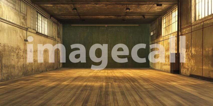 Empty Industrial Room with Sunlight Streaming Through Windows, Rustic Wooden Floor and Distressed Walls