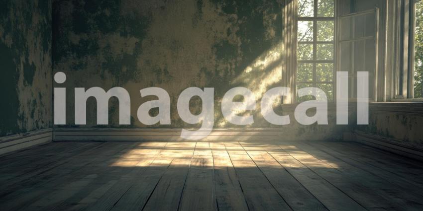 Empty Industrial Room with Sunlight Streaming Through Windows, Rustic Wooden Floor and Distressed Walls