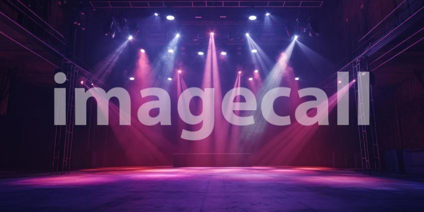 Empty Stage with Purple Lights and Smoke in a Dark, Industrial Venue