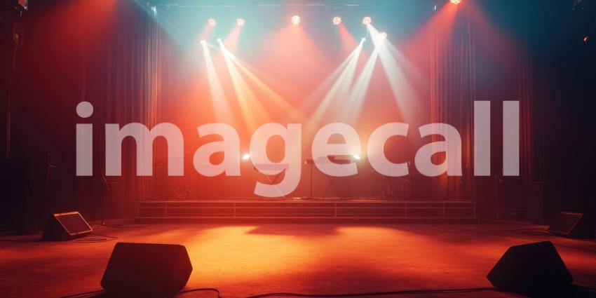 Empty Stage with Purple Lights and Smoke in a Dark, Industrial Venue