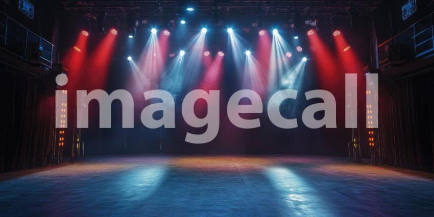 Empty Stage with Purple Lights and Smoke in a Dark, Industrial Venue