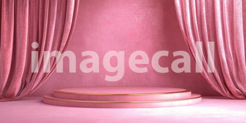 Pink Stage with Round Platform and Velvet Curtains, Theater Backdrop