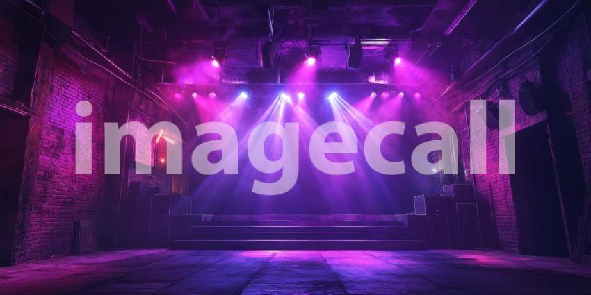 Empty Stage with Purple Lights and Smoke in a Dark, Industrial Venue