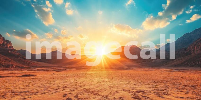 Golden Sunset Over Water Between Rocky Mountains, Dramatic Landscape with Clouds and Reflections