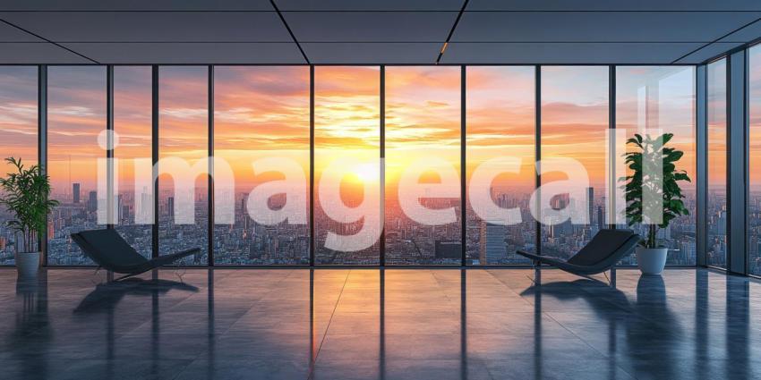 Modern Office Interior with Floor-to-Ceiling Windows Overlooking a Cityscape at Sunset
