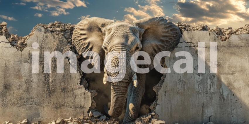 Elephant Emerging from a Broken Brick Wall, Symbolic Strength and Breakthrough Concept