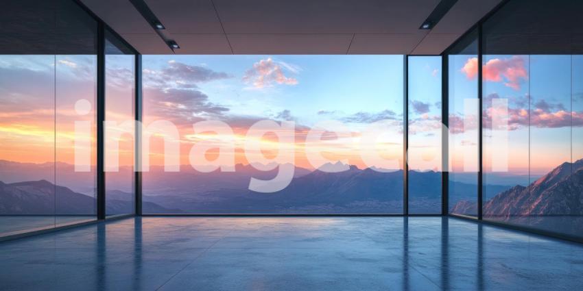 Modern Office Interior with Floor-to-Ceiling Windows Overlooking a Cityscape at Sunset