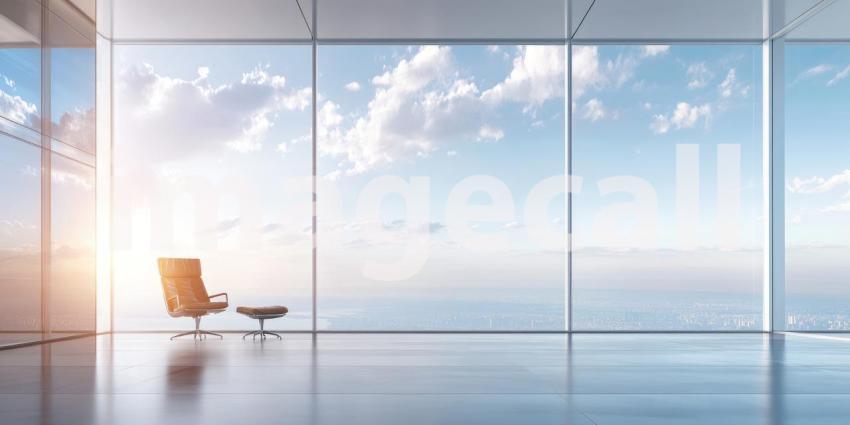 Modern Office Interior with Floor-to-Ceiling Windows Overlooking a Cityscape at Sunset