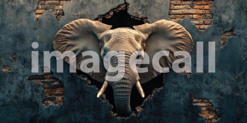 Elephant Emerging from a Broken Brick Wall, Symbolic Strength and Breakthrough Concept