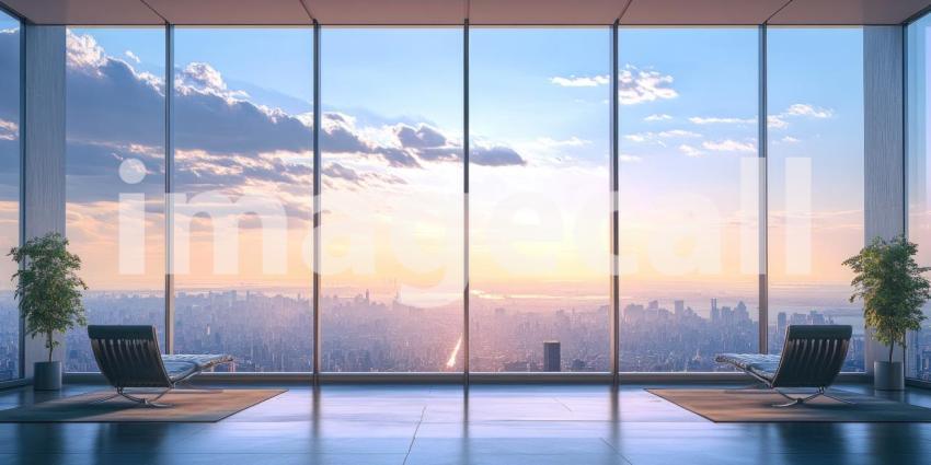 Modern Office Interior with Floor-to-Ceiling Windows Overlooking a Cityscape at Sunset