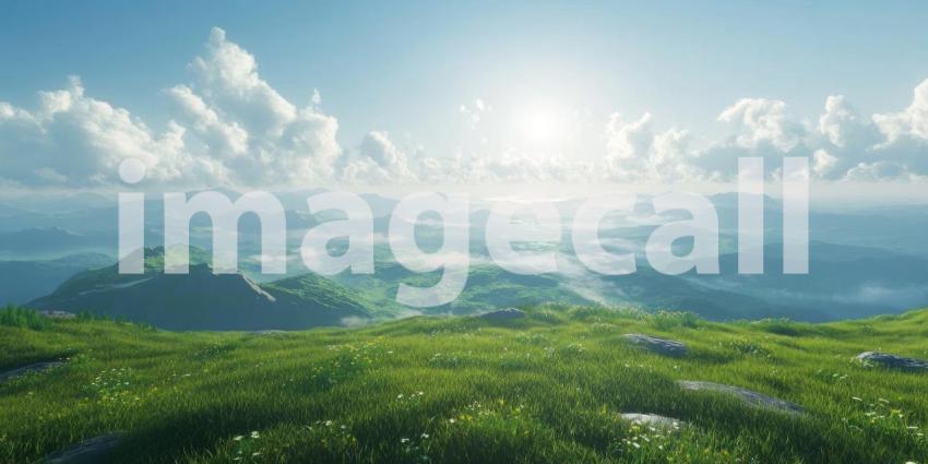 Lush Green Mountain Landscape with Rolling Hills, Mist, and Bright Sunlight, Peaceful Nature Scene