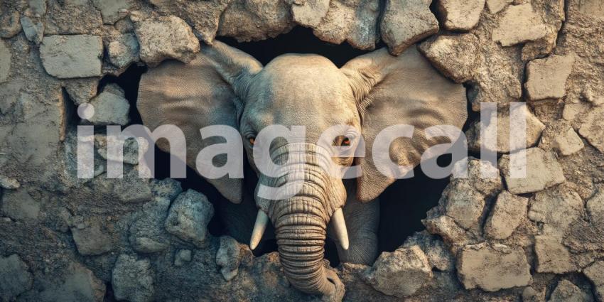 Elephant Emerging from a Broken Brick Wall, Symbolic Strength and Breakthrough Concept