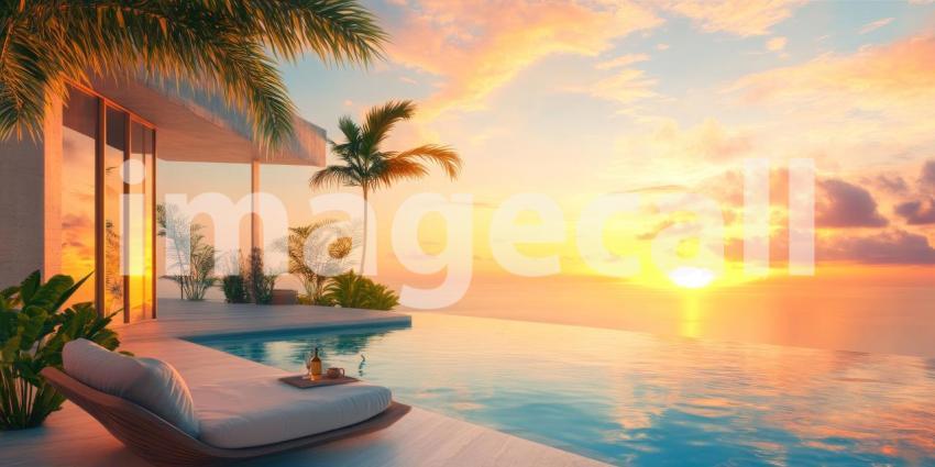 Tropical Beach Sunset with Palm Trees, Flowers, and Golden Light Reflecting on the Water