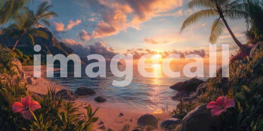Tropical Beach Sunset with Palm Trees, Flowers, and Golden Light Reflecting on the Water
