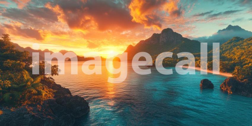 Tropical Beach Sunset with Palm Trees, Flowers, and Golden Light Reflecting on the Water