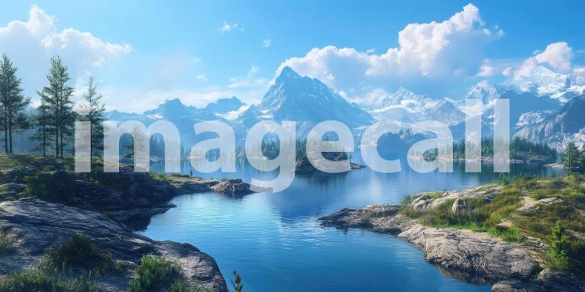 Serene Mountain Lake with Waterfall, Lush Green Forest, and Snow-Capped Peaks, Peaceful Nature Scene