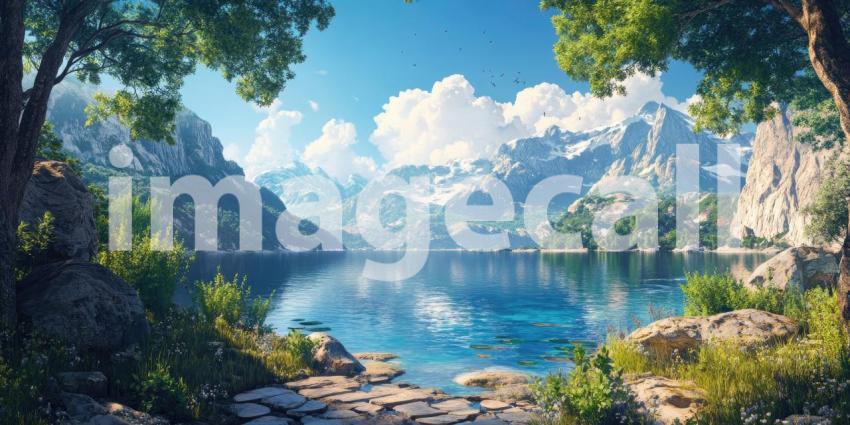 Serene Mountain Lake with Waterfall, Lush Green Forest, and Snow-Capped Peaks, Peaceful Nature Scene