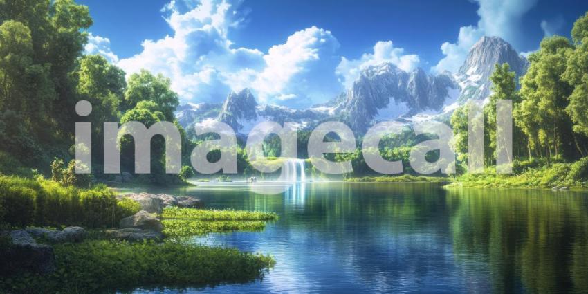 Serene Mountain Lake with Waterfall, Lush Green Forest, and Snow-Capped Peaks, Peaceful Nature Scene