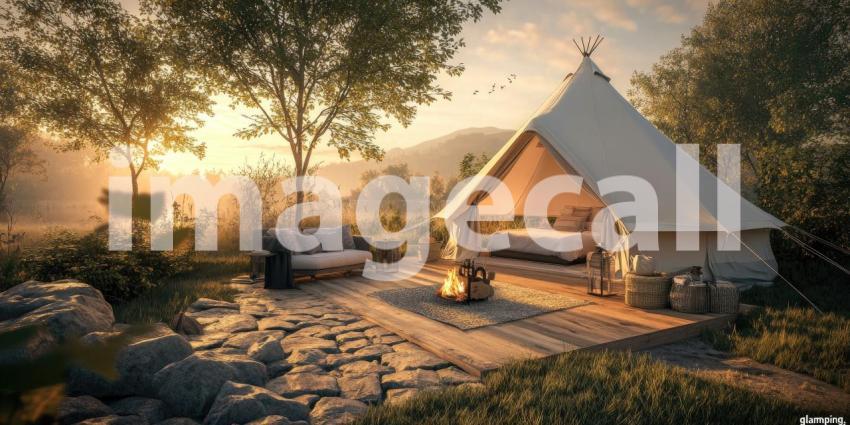Glamping Bell Tent at Sunrise with Outdoor Seating, Fire Pit, and Scenic Nature View